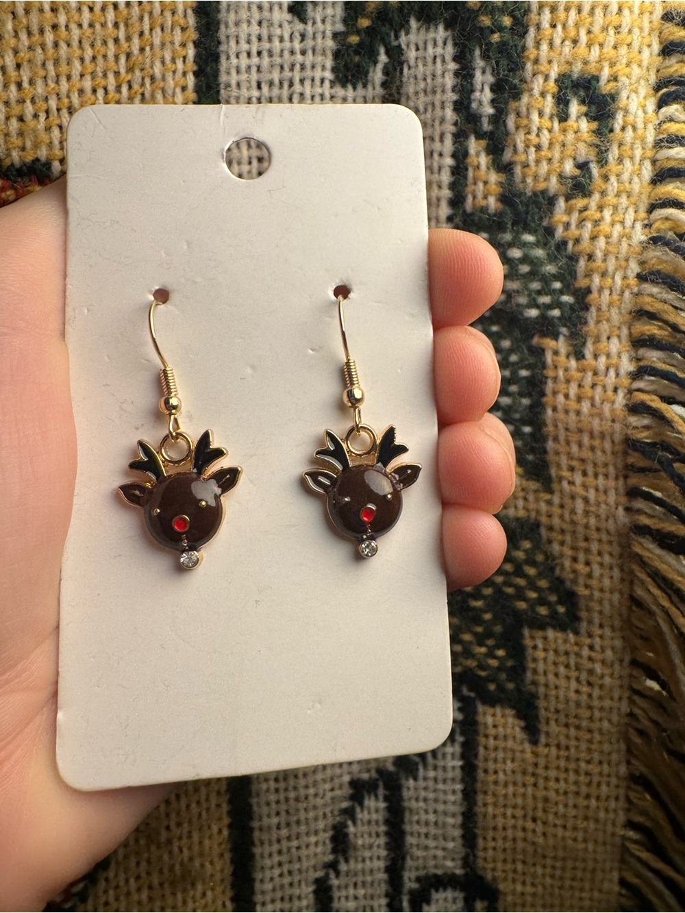 Gold-Tone Brown Reindeer Drop Earrings with Red Accent - Women Jewelry